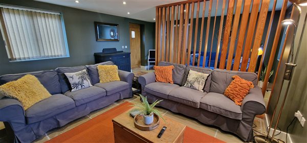 living room two blue sofas, a coffee table with a slatted wooden partition behind the sofas